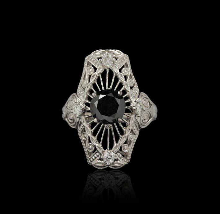 14KT White Gold 2.09ctw Black and White Diamond Ring RM: 14KT White Gold 2.09ctw Black and White Diamond Ring RM904. Excellent Condition! ML905LX. One lady’s polished, stamped and electronically tested solid 14K white gold ring mounted with: 1 Genuine Rou