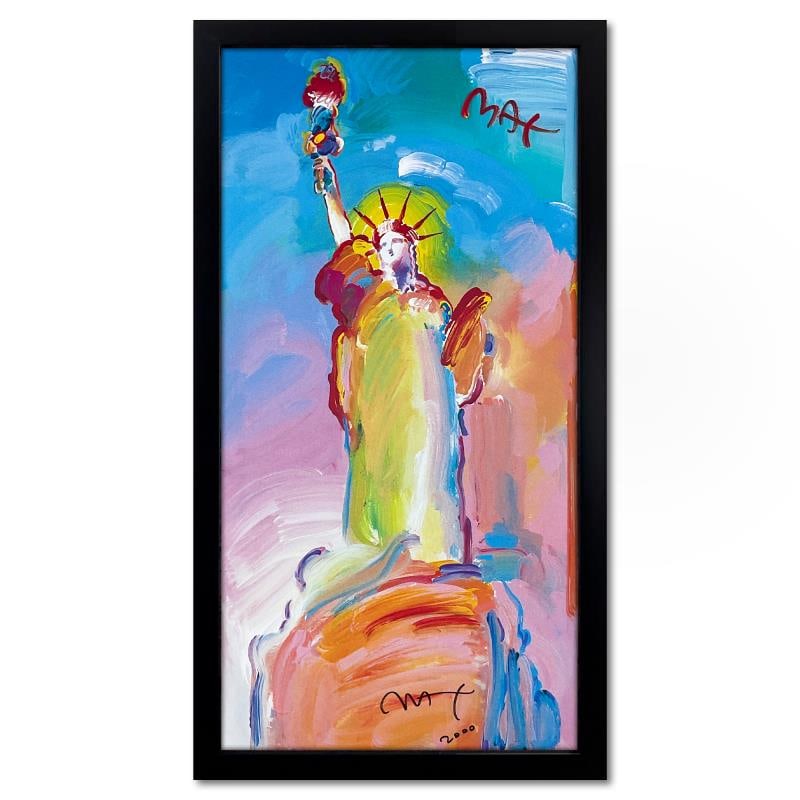Statue of Liberty 2000 by Peter Max: "Statue of Liberty 2000" is an offset lithograph on paper by Peter Max hand signed by the artist. This piece comes custom framed. Includes Letter of Authenticity. Measures approx. 36.5" x 20.5" (frame