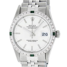 Rolex Mens Stainless Steel Silver Index Diamond And Emerald Bezel 36MM Datejust (1 of 9)