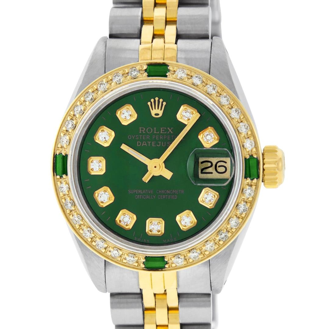 Rolex Ladies Quickset Two Tone Green Diamond And Emerald Datejust Wristwatch: One Ladies Pre Owned Quickset Two Tone Yellow Gold And Stainless Steel Rolex Datejust Polished, Serviced And Electronically Tested, Yellow Gold And Stainless Steel Case: 26mm, Yellow Gold Crown, Custo