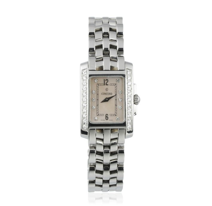 Ladies Concord Sportivo MOP and Diamond Wristwatch GB13: Ladies Concord Sportivo MOP and Diamond Wristwatch GB1322. Good Condition! TY955OJ. One ladies Concord Sportivo mother of pearl and diamond wristwatch. The watch features: stainless steel case with a 