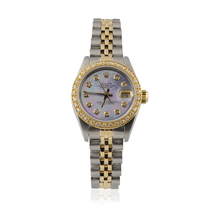 Lady Rolex Two-Tone Date Just Wristwatch GB1325: Lady Rolex Two-Tone Date Just Wristwatch GB1325. Average Condition! MZ1582PT. One ladies, hand crafted & machine milled Rolex DateJust Model Stainless Steel & 18KT yellow gold wristwatch electronicall