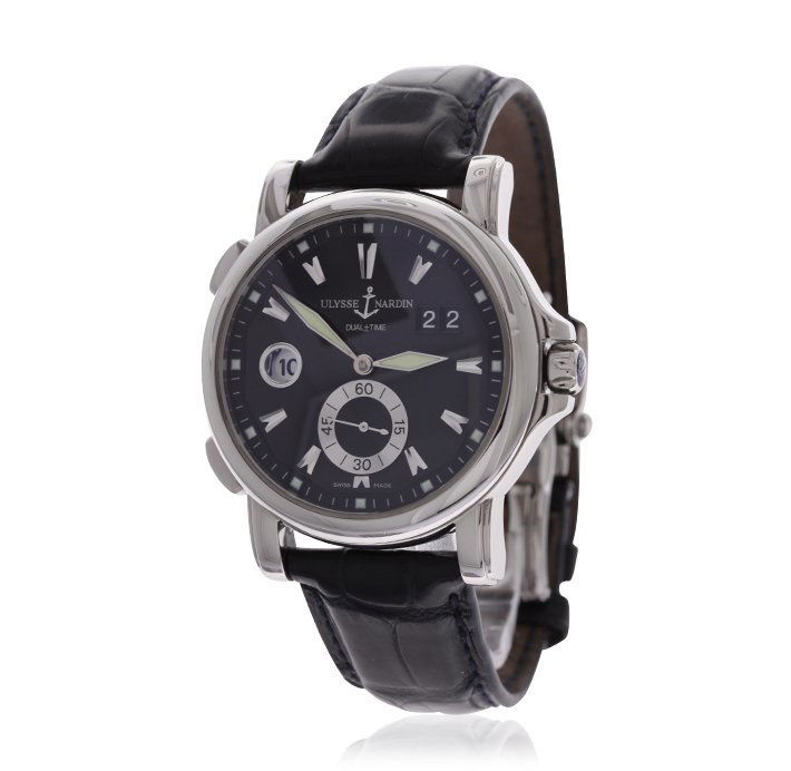 Gensts Ulysse Nardin 42mm 243-55/92 Dual Time Wristwatc: Gensts Ulysse Nardin 42mm 243-55/92 Dual Time Wristwatch BD354. Good Condition! YL9053PY. Model: Gents 42mm Ulysse Nardin Dual Time Model 243-55/92. This watch features: a stainless steel case, with a