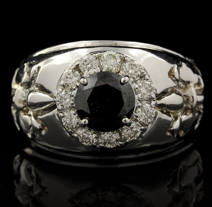 14KT White Gold 2.12ctw Black and White Diamond Ring FJ: 14KT White Gold 2.12ctw Black and White Diamond Ring FJM2324. Excellent Condition! LH976OZ. One ring featuring: 7.00gm of 14KT white gold, (1) black diamond with a total weight of 1.54cts and (12) rou