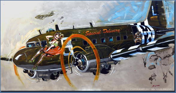 Special Delivery by Michael Bryan: Michael Bryan's "Special Delivery" is a pin-up girl adorned Paratrooper transport from WWII, produced as a 20x40" hand-worked Uniique giclee on canvas, numbered 1/1.