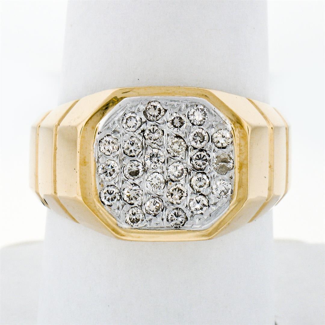 Vintage Men's 14k TT Gold .52 ctw Round Pave Diamond Cluster Ring w/ Ribbed Shan: A vintage solid 14k yellow and white gold ribbed mens ring, with 26 round brilliant cut natural diamonds (G/H - VS2/SI1 ; 0.52ctw). The ring is size 9.5, weighs a total of 8.50 grams, and measures 12.