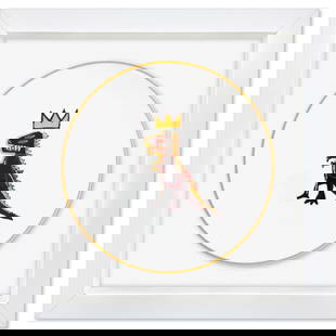 Pez Dispenser 1984 by Basquiat (1960-1988): "Pez Dispenser 1984" is a Limoges porcelain plate bearing the plate signature inverso of Jean-Michel Basquiat (1960-1988). This plate is custom framed and floated on linen. Measures approx. 16" x 16"