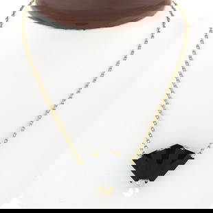 14k Yellow Gold Fan Shape Carved Black Onyx Diamond Pearl Pendant On Cable Chain: A solid 14k yellow gold fan shape dangle pendant necklace, featuring 1 carved natural black onyx ( 21.5x30.5mm), & 1 round shape natural pearl (6.7mm), with 1 round brilliant cut natural diamond (VS2