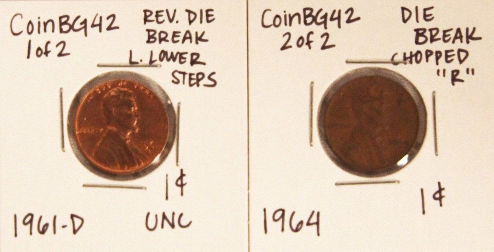 Assorted Lot of 2 Misc Die Breaks CoinBG42: Assorted Lot of 2 Misc Die Breaks CoinBG42. As-Is Condition! MD11GN. Assorted Lot of 2 Misc Die Breaks. Thank you for viewing this lot. We are always adding new inventory and new auctions, so check ba