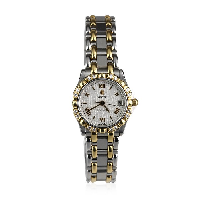 Ladies Condord Saratoga SL Diamond Wristwatch GB786: Ladies Condord Saratoga SL Diamond Wristwatch GB786. Good Condition! QL904HR. One ladies Concord Saratoga SL diamond wristwatch. The watch features: stainless steel case and band with gold tone accent