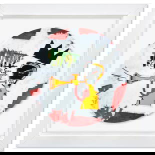 Trumpet 1984 by Basquiat (1960-1988): "Trumpet 1984" is a Limoges porcelain plate bearing the plate signature inverso of Jean-Michel Basquiat (1960-1988). This plate is custom framed and floated on linen. Measures approx. 16" x 16" (frame