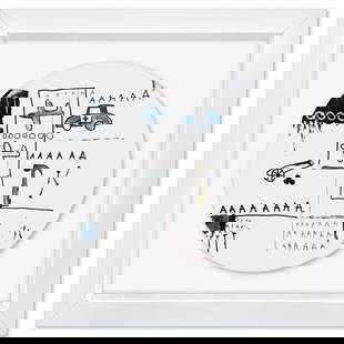 Untitled 1981 by Basquiat (1960-1988): "Untitled 1981" is a Limoges porcelain plate bearing the plate signature inverso of Jean-Michel Basquiat (1960-1988). This plate is custom framed and floated on linen. Measures approx. 16" x 16" (fram