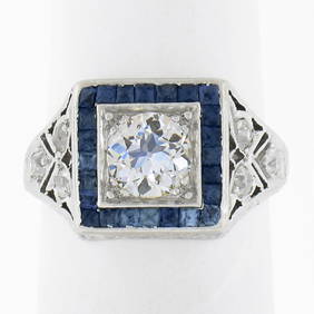 Antique Art Deco Platinum 1.42 ctw European Diamond & Sapphire Engagement Ring (1 of 9)