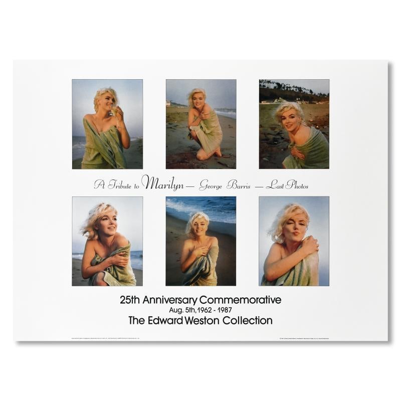 A Tribute to Marilyn (Beach) by George Barris (1922-2016): "A Tribute to Marilyn" is a poster on paper by George Barris (1922-2016). From the Edward Weston Collection this piece is dated (1987) and includes a letter of authenticity. Measures approx. 32" x 24"