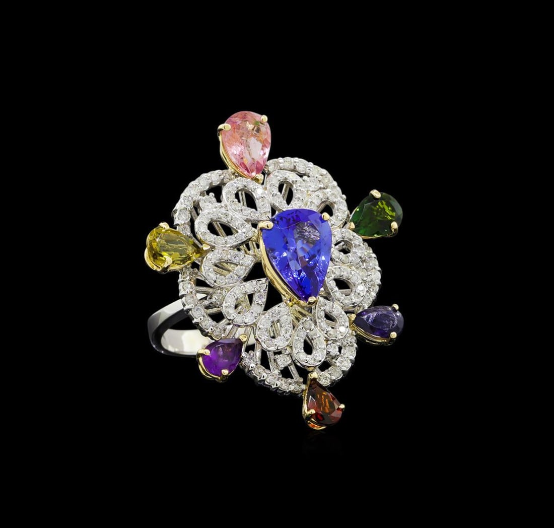 6.40 ctw Multi Gemstone and Diamond Ring - 14KT White And Yellow Gold: One electronically tested 14KT white and yellow gold lady's cast fashion ring with a bright polish finish. The featured lady's ring has a shank measuring 3.15 millimeters wide. Identified with marking