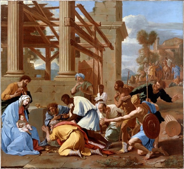 Nicolas Poussin - The Adoration of the Magi: Artist: Nicolas Poussin - Title: The Adoration of the Magi - Medium: Fine Art Reproduction Giclee on Canvas - Image Size: Approximately 18.25 inches x 20 inches - Unframed on Unstretched Canvas - Biog