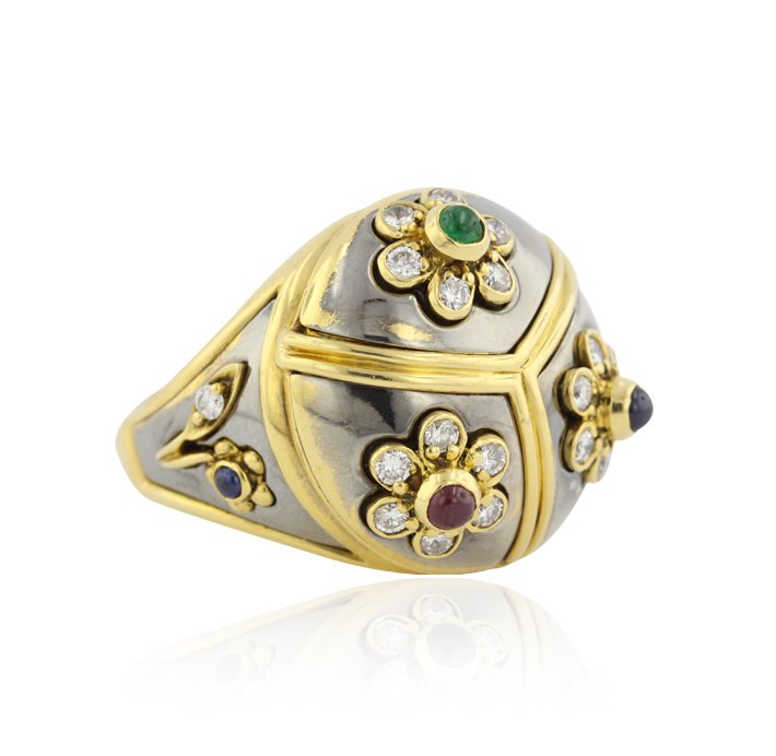 18KT Yellow Gold 0.35ctw Multi-Gemstone and Diamond Rin: 18KT Yellow Gold 0.35ctw Multi-Gemstone and Diamond Ring A4474. Good Condition! XT1081RM. One electronically tested 18KT yellow gold ladies custom cast & assembled multi-color gemstone and diamond rin