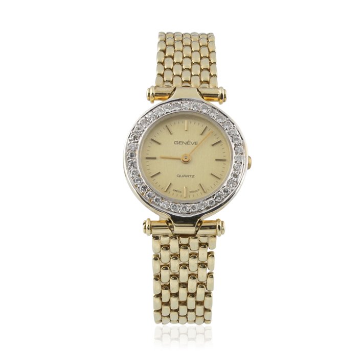 Ladies 14KT Yellow Gold Vintage Geneve Watch w/ Diamond: Ladies 14KT Yellow Gold Vintage Geneve Watch w/ Diamonds GB1316. Good Vintage Condition! YE9061HS. One ladies 14KT yellow gold vintage Geneve YG watch. Gold hour markers, champagne colored dial, gold 