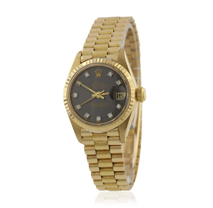 Ladies 18KT Yellow Gold Rolex Diamond Date Just Wristwa: Ladies 18KT Yellow Gold Rolex Diamond Date Just Wristwatch BD356. Good Condition! UF9473CJ. One ladies, hand crafted & machine milled Rolex Lady president, the Date Just model wristwatch electronicall