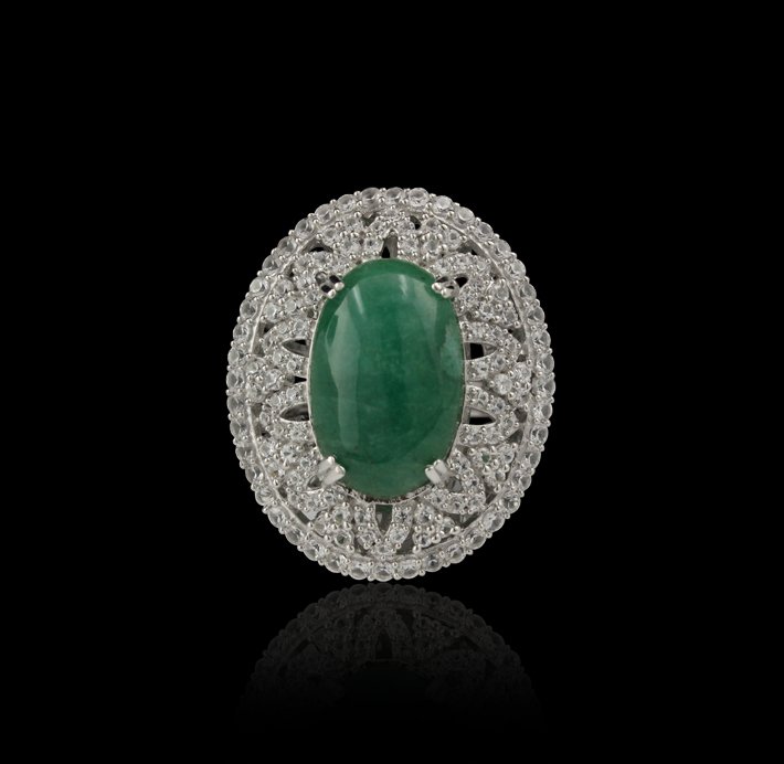 SILVER 13.40ct Green Beryl and White Sapphire Ring RM92: SILVER 13.40ct Green Beryl and White Sapphire Ring RM920. Excellent Condition! ZR951ZQ. One electronically tested 925 silver ladies cast dyed green beryl & white sapphire ring with a bright polish fin