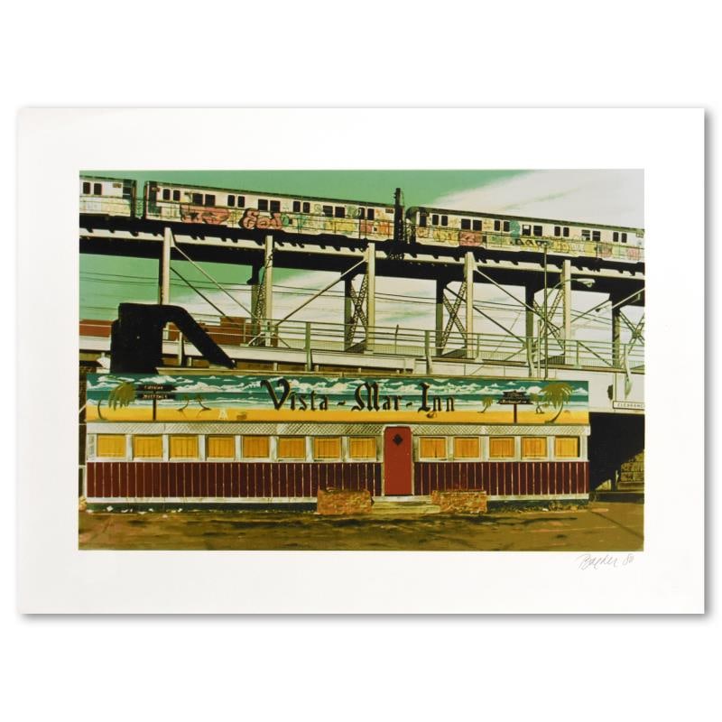 Vista Mar Inn by Baeder John: "Vista Mar Inn" is a limited edition silkscreen on somerset paper by John Baeder numbered and hand signed by the artist. Includes Letter of Authenticity. Measures approx. 30" x 22" (border); 24.5" x 1