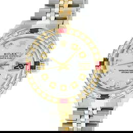 Rolex Ladies Two Tone 18K Yellow Gold And Steel Silver Diamond And Ruby Quickset
