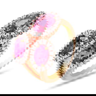 3.47 ctw Purple Sapphire and 0.44 ctw Diamond 18K Rose Gold Ring: One electronically tested 18KT rose gold cast purple sapphire & diamond ring. Each of the featured sapphires are set within a diamond bezel, supported by a ribbed under gallery, completed by a two mil