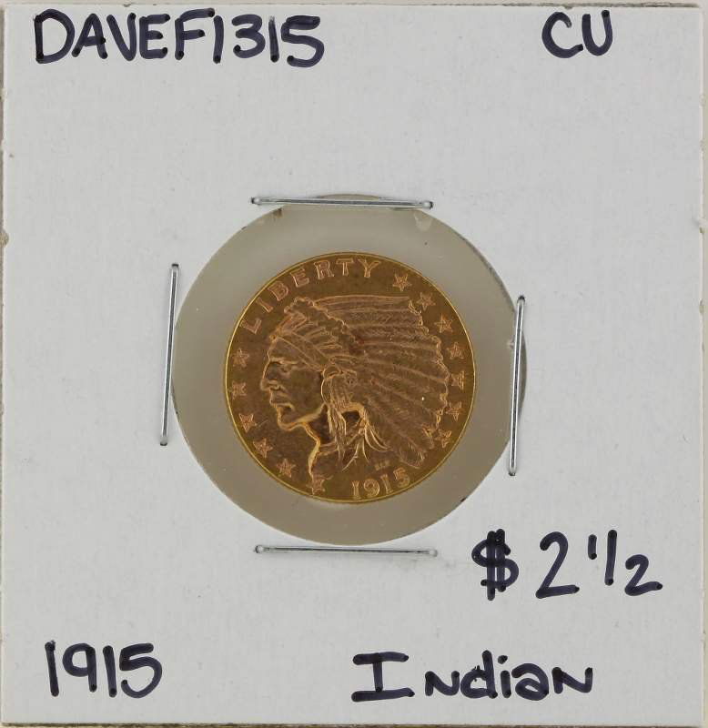 1915 $2 1/2 CU Indian Head Quarter Eagle Gold Coin DAVE: 1915 $2 1/2 CU Indian Head Quarter Eagle Gold Coin DAVEF1315. As-Is Condition! GT953DJ. One 1915 $2 1/2 CU Indian Head Quarter Eagle Gold Coin. Thank you for viewing this lot! We are always adding new
