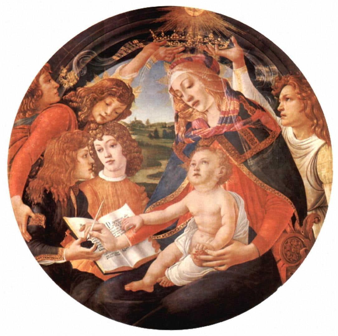 Sandro Botticelli - Maria with Christ child and Five Angels: Artist: Sandro Botticelli - Title: Maria with Christ child and Five Angels - Medium: Fine Art Giclee on Canvas - Image Size: Approximately 20 inches x 20 inches - Unframed on Unstretched Canvas - Biog