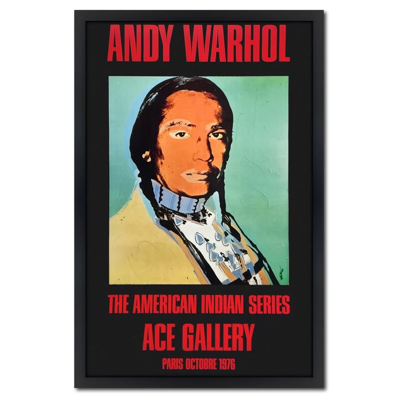 American Indian Series (Black) by Warhol (1928-1987): "The American Indian Series" is a vintage poster (1976) by Andy Warhol (1928-1987) from the Ace Gallery Los Angeles CA. This piece comes custom framed. Includes Letter of Authenticity. Measures approx