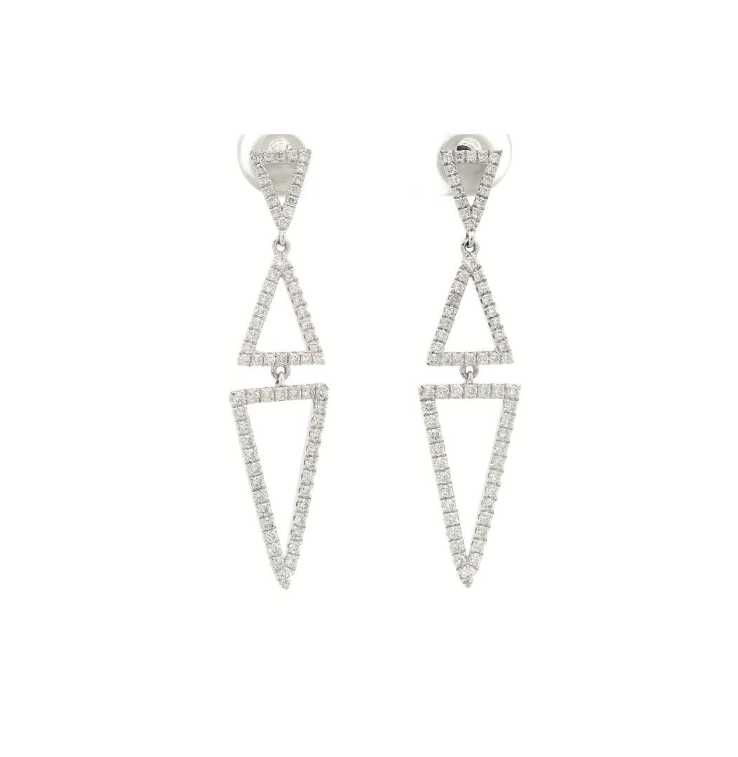 14kt WG Diamond "V" Dangle Earrings: Crafted in 18kt white gold, this pair of fashion dangle earrings features a three-triangle motif with a bright polish finish and secure heavy friction backs. Measuring 40mm in length, these earrings a