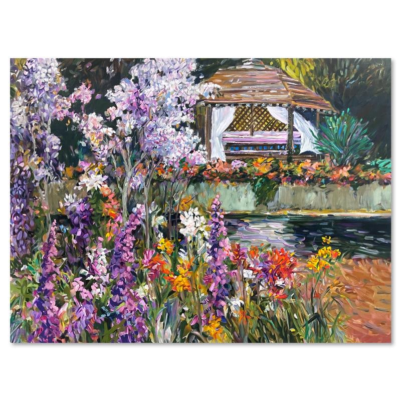 The Gazebo by Henri Plisson (1933-2006): "The Gazebo" is a limited edition printer's proof on stretched canvas by Henri Plisson (1933-2006), numbered 21/21 and hand signed by the artist. Includes Letter of Authenticity. Measures approx. 25"