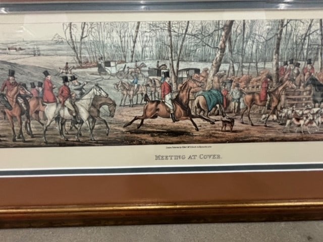 Meeting at Cover litho in Currier & Ives style: One of 3 matching tastefully framed classsic FoxHunting lithos published in London in the style of Currier & Ives. Each framed piece measures _" x _"