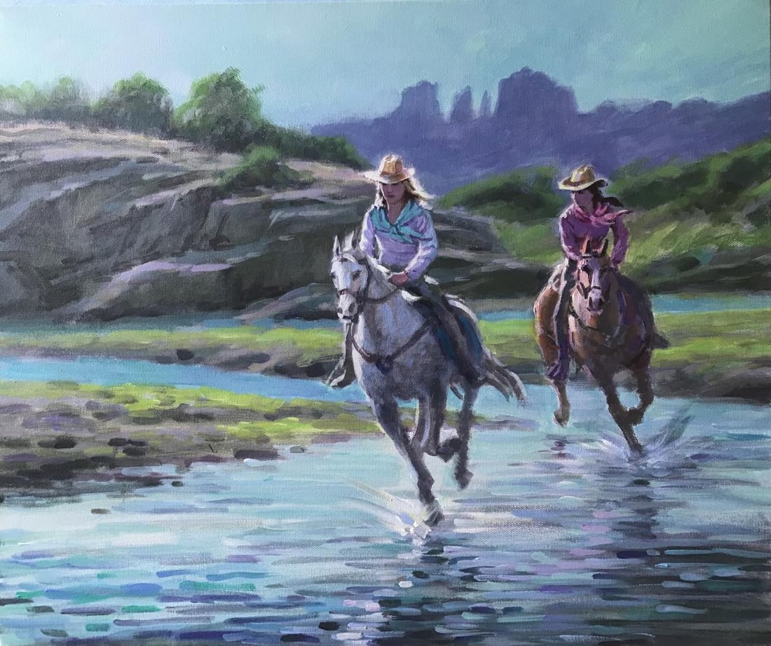 Let's Go ! by Richard Ho, orig: Galloping across the stream two coegals head home at a gallup. Original 20x24" acrylic on stretched canvas by Richard Ho. w/COA.