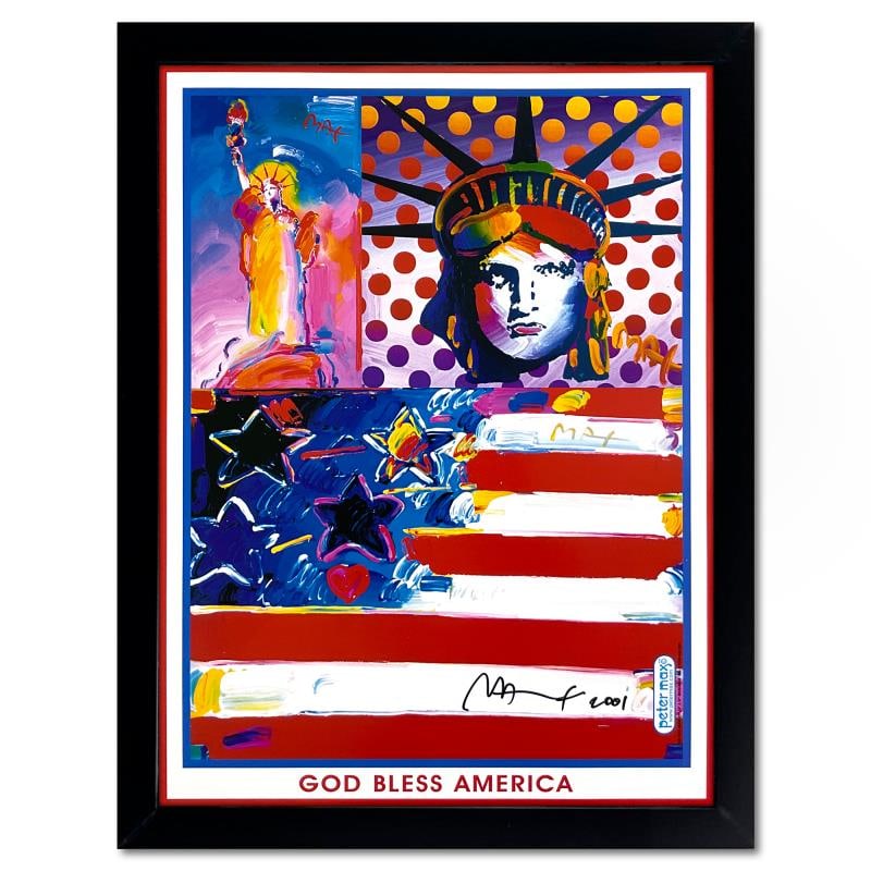 9-11 God Bless America II by Peter Max: "9-11 God Bless America II" is an offset lithograph on paper by Peter Max hand signed by the artist. This piece comes custom framed. Includes Letter of Authenticity. Measures approx. 28" x 22" (frame)