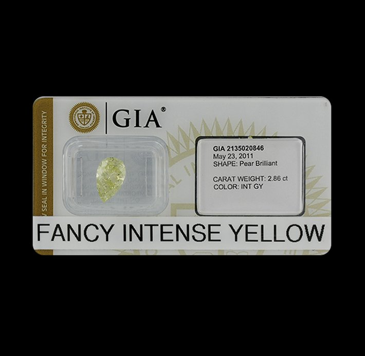 GIA Certified Pear 2.86 Fancy Greenish Yellow Diamond : GIA Certified 2.86 Fancy Greenish Yellow Loose Diamond DC45. Very Good condition! UT9393ZZ. One GIA certified loose diamond featuring: pear brilliant cut, measurements of 12.08 x 7.46 x 5.02mm, fancy 