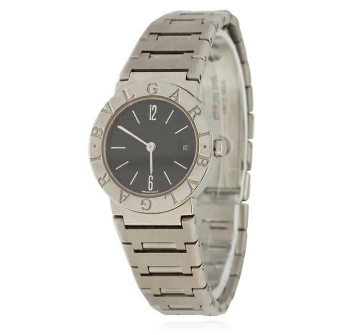 Bulgari Midsize Ladies Watch GB1485: Bulgari Midsize Ladies Watch GB1485. Good Condition! NT908TT. One Bulgari midsize ladies watch featuring: stainless steel case, sapphire glass, black dial, waterproof, quartz movement and comes with b