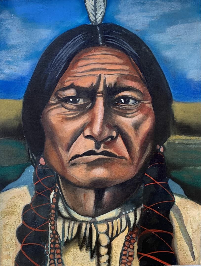 Sitting Bull by Anonymous: A pastel & watercolor portrait of the great Chief and leader of the Lakota Sioux who defeated Custer at Little Big Horn. 24x18" on deckled fine art paper, by Anonymous
