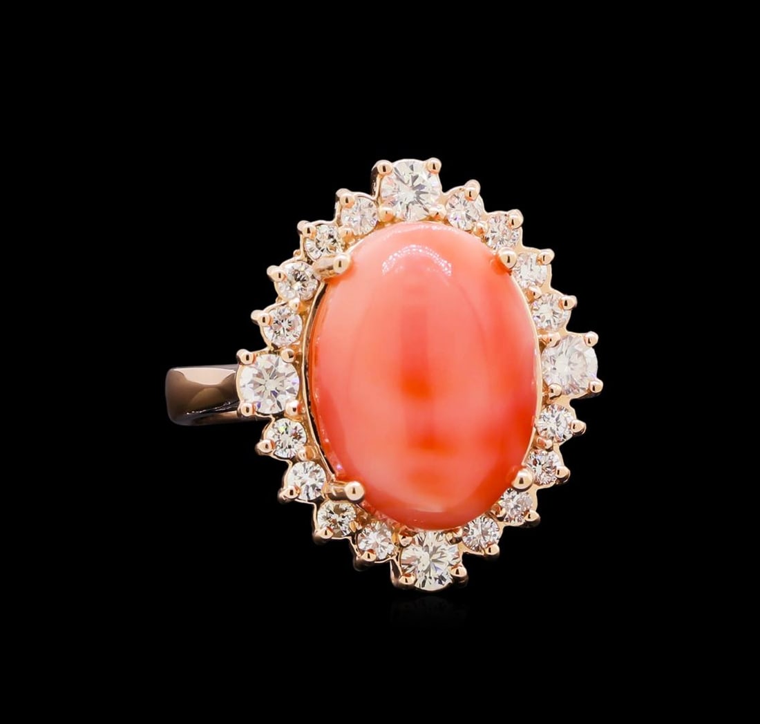 8.10 ctw Pink Coral and Diamond Ring - 14KT Rose Gold: One electronically tested 14KT rose gold lady's cast fashion ring with a basket halo with a bright polish finish. The featured lady's ring has a shank measuring 2.85 millimeters in width. Identified w