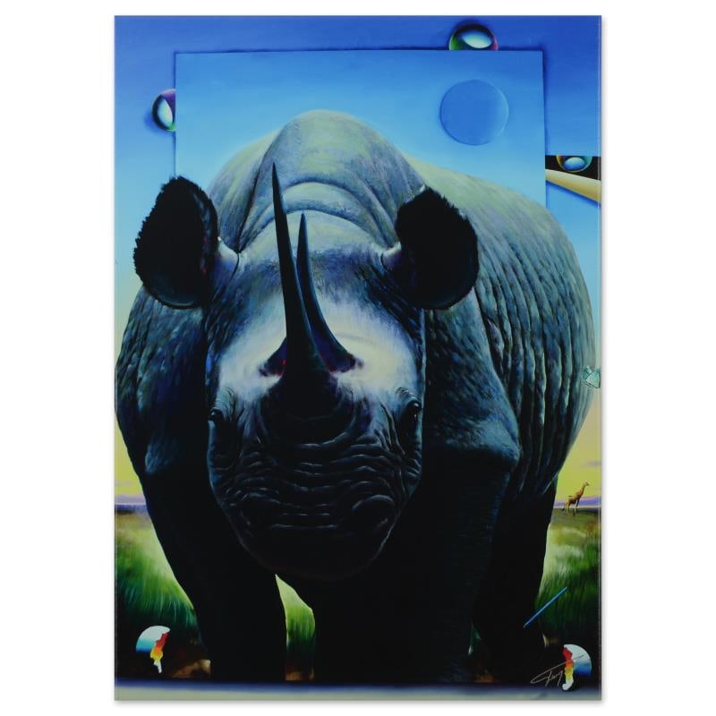 Rhino on the Move by Ferjo: "Rhino on the Move" is a limited edition giclee on canvas numbered and bearing Ferjos authorized signature. This piece comes gallery wrapped. Includes Letter of Authenticity. Measures approx. 17" x 24