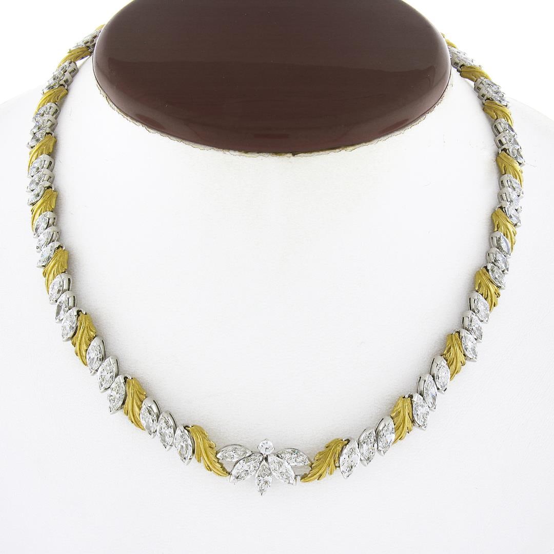 Vintage McTeigue & Co. Platinum & 18K Gold 14.1 ctw Marquise Diamond 16" Necklac: A vintage solid platinum & 18k yellow gold leaf link necklace by McTeigue & Co. , featuring 53 marquise cut natural diamonds (E-G - VVS2-VS2 ; 14ctw), and 2 round cut natural diamonds (F/G - VS1/VS2 ;