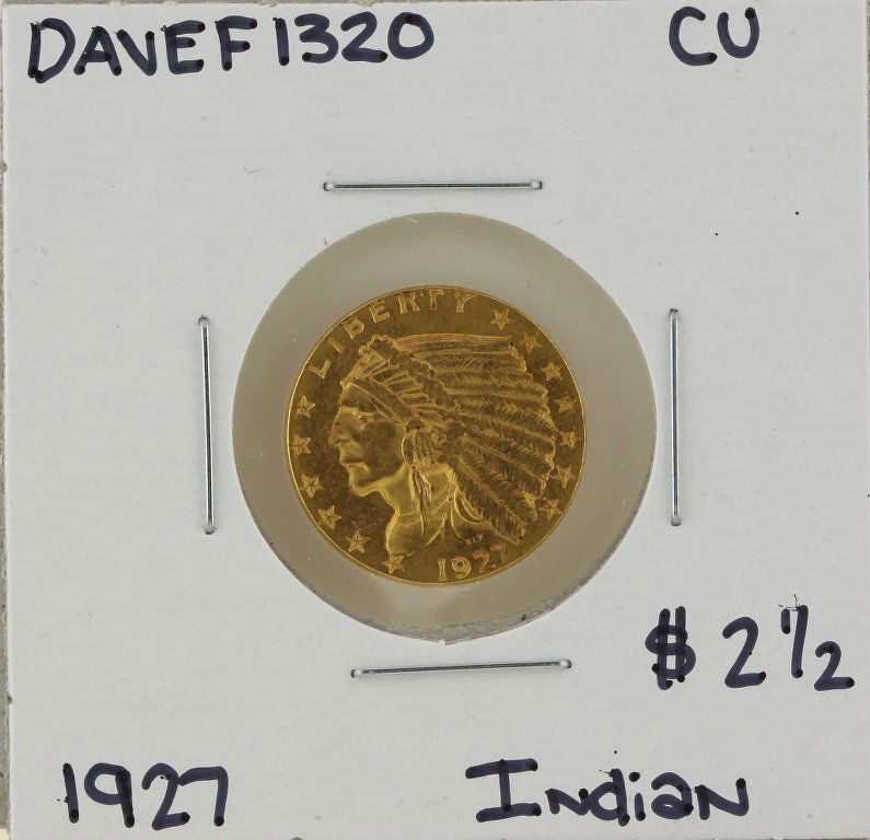 1927 $2 1/2 CU Indian Head Quarter Eagle Gold Coin DAVE: 1927 $2 1/2 CU Indian Head Quarter Eagle Gold Coin DAVEF1320. As-Is Condition! NP953YJ. One 1927 $2 1/2 CU Indian Head Quarter Eagle Gold Coin. Thank you for viewing this lot! We are always adding new