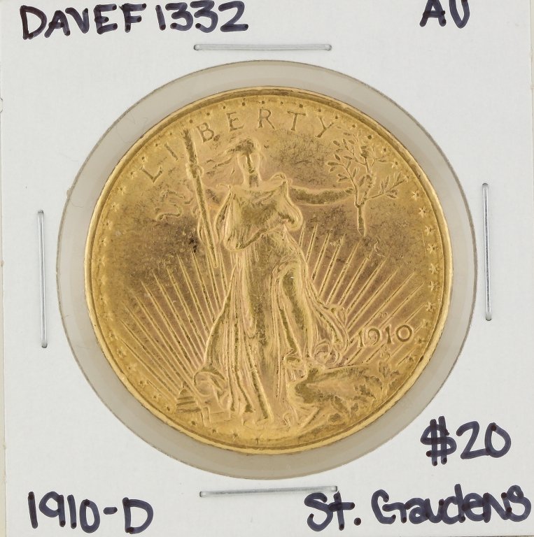 1910-D $20 AU St. Gaudens Double Eagle Gold Coin DAVEF1: 1910-D $20 AU St. Gaudens Double Eagle Gold Coin DAVEF1332. As-Is Condition! UW9571SK. One 1910-D $20 AU St. Gaudens Double Eagle Gold Coin. Thank you for viewing this lot! We are always adding new in