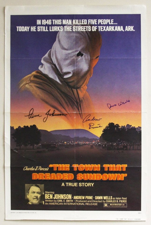 "The Town That Dreaded Sundown" Autographed Movie Poste: "The Town That Dreaded Sundown" Autographed Movie Poster SM48. As-Is Condition! LV15ME. This poster of the movie "The Town That Dreaded Sundown" is autographed by Ben Johnson, Andrew Prine, AND Dawn W