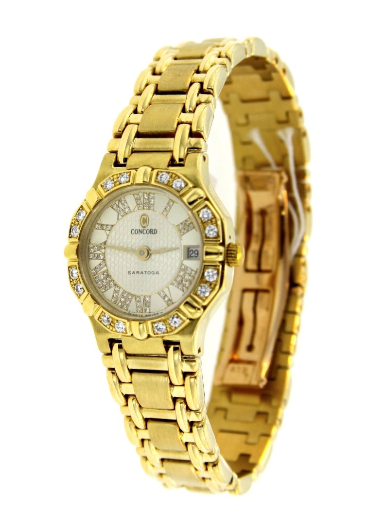 Ladies Concord Saratoga 18KT Yellow Gold MOP and Diamon: Ladies Concord Saratoga 18KT Yellow Gold MOP and Diamond Watch GB1149. Great Condition! EU9583TW. One ladies Concord Saratoga 18KT yellow gold mother of pearl and diamond watch. This beautiful watch m
