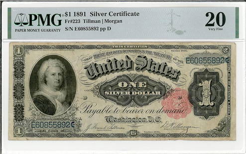 1891 $1 Silver Certificate Bank Note PMG 20 Very Fine: One 1891 $1 Silver Certificate Bank Note PMG 20 Very Fine. The serial number is 60855892.
