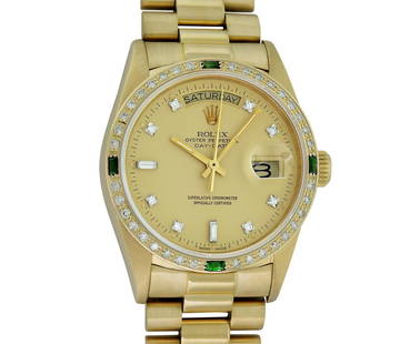 Rolex Mens Quickset 18K Yellow Gold Factory Champagne Diamond Dial Emerald Bezel: One Mens Quickset Rolex Day Date 18K Yellow Gold President Polished, Serviced & Electronically Tested, Rolex 18K Yellow Gold Case: 36mm, Rolex 18K Yellow Gold Crown, Custom Bezel: New 18K Yellow Diamo