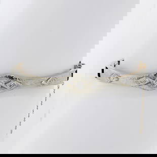 Antique Art Deco 18K TT Gold.37 ctw Diamond Engraved Hinged Open Bangle Bracelet: An antique solid 18k yellow & white gold higed bangle bracelet. featuring 5 old european cut natural diamonds (G-I - VS1/VS2 ; 0.37ctw). It weighs a total of 12.15 grams, measures 19.3mm wide, and mea