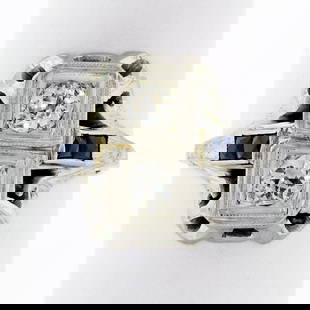 Antique Art Deco 18K White Gold .46 ctw Diamond Sapphire Open Etched Dinner Ring: Antique Art Deco 18K White Gold .46ctw Diamond Sapphire Open Etched Dinner Ring