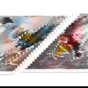 Two Roosters by Salomon (1935 - 2014): "Two Roosters" is a limited edition serigraph on paper by Edwin Salomon (1935-2014). The piece comes hand signed by the artist numbered and with a letter of authenticity. Measures approximately 19" x